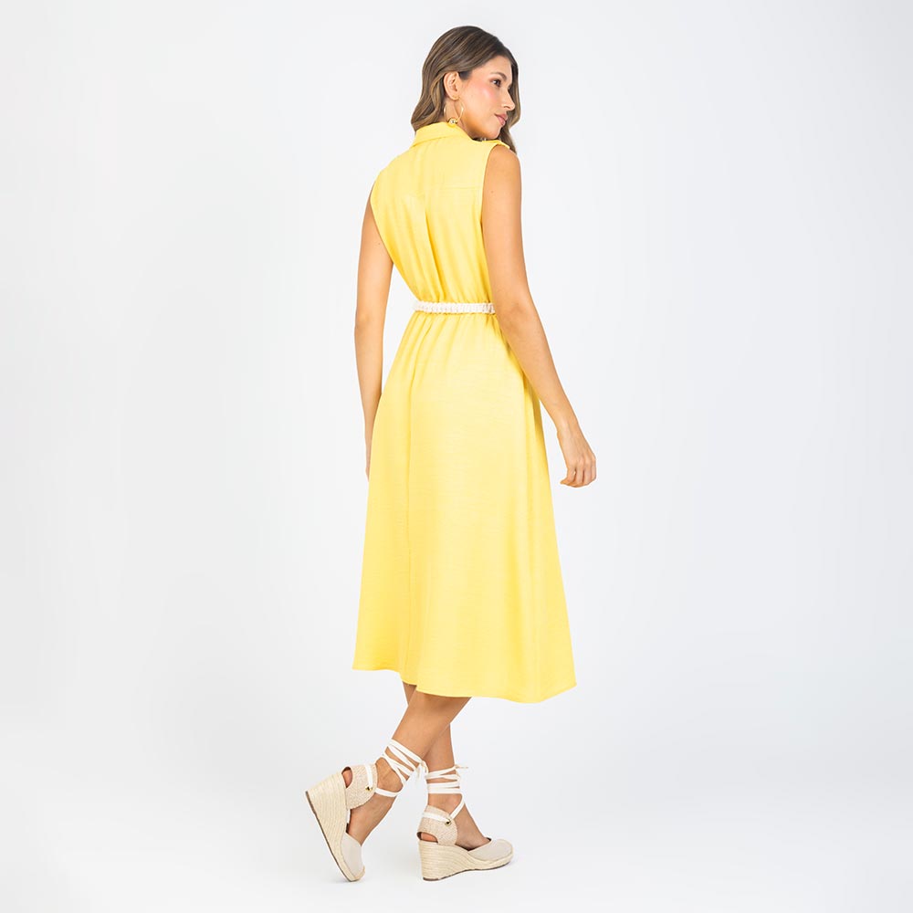 VESTIDO CAMISERO CON CINTURON EN MACRAME AMARILLO