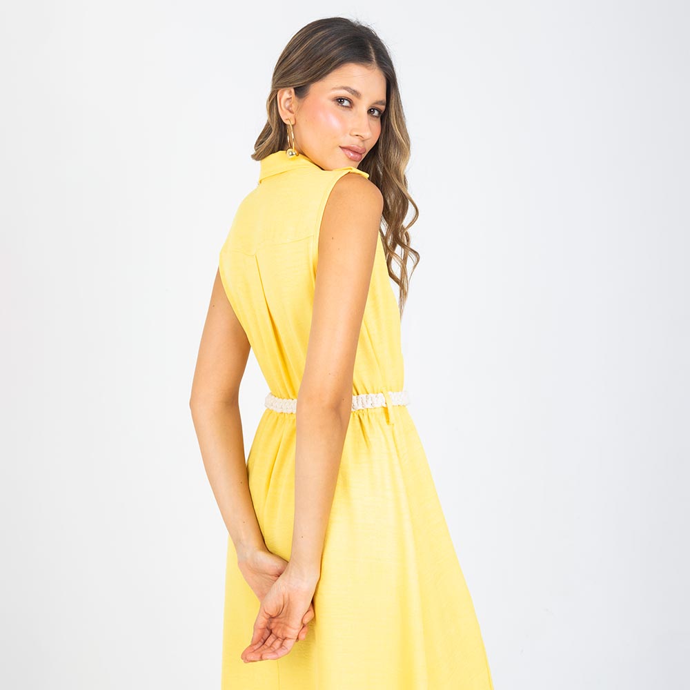 VESTIDO CAMISERO CON CINTURON EN MACRAME AMARILLO