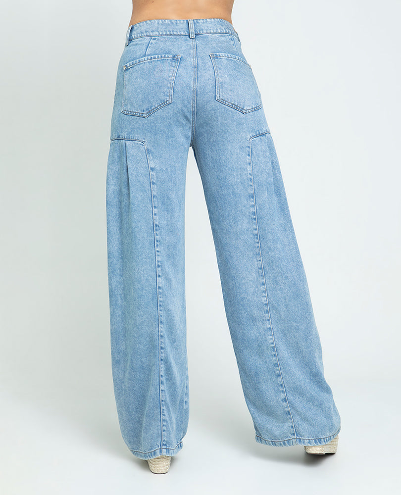 Women's Wide Leg Jeans with Pleats, Light Wash