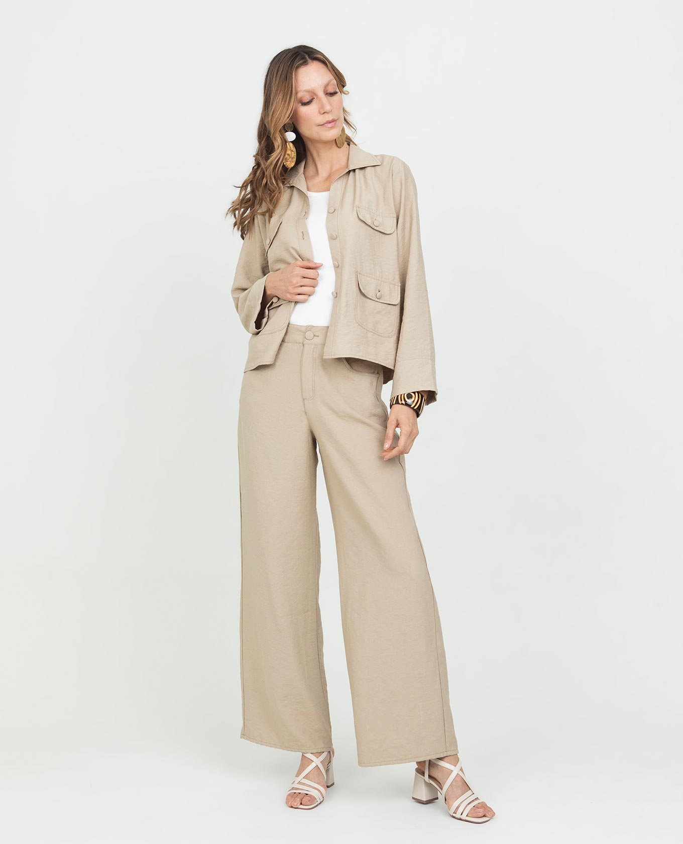 Women's Wide Leg Trousers with Elastic Waistband and Covered Button