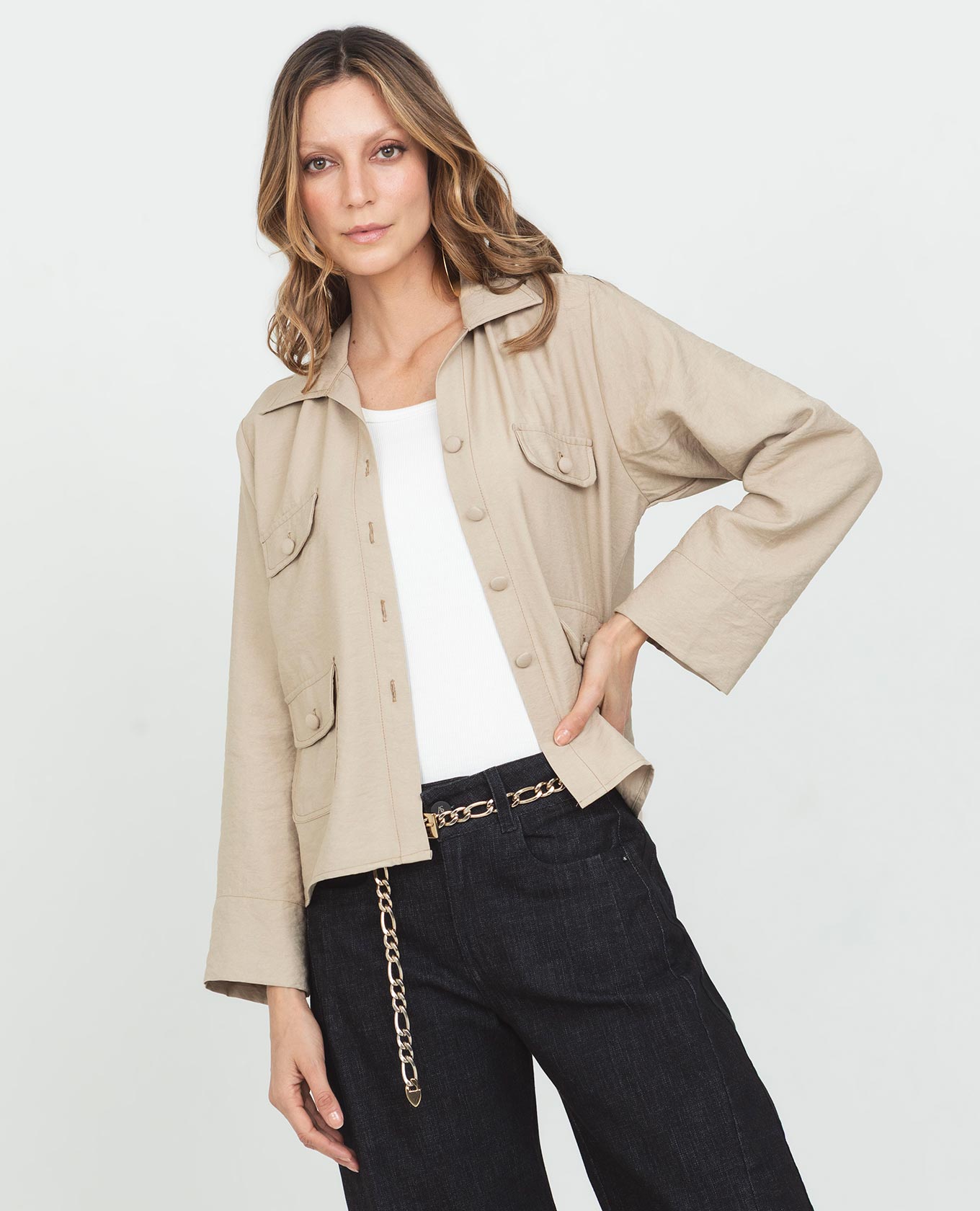 Women's Lightweight Jacket with Patch Pockets and Covered Buttons