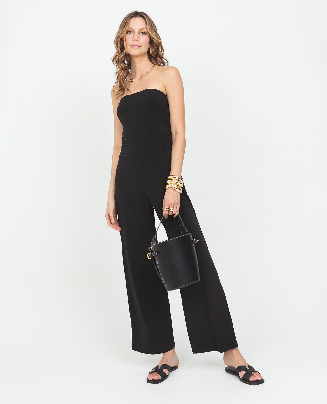 Women's Strapless Jumpsuit in Black Knit Fabric with Draping