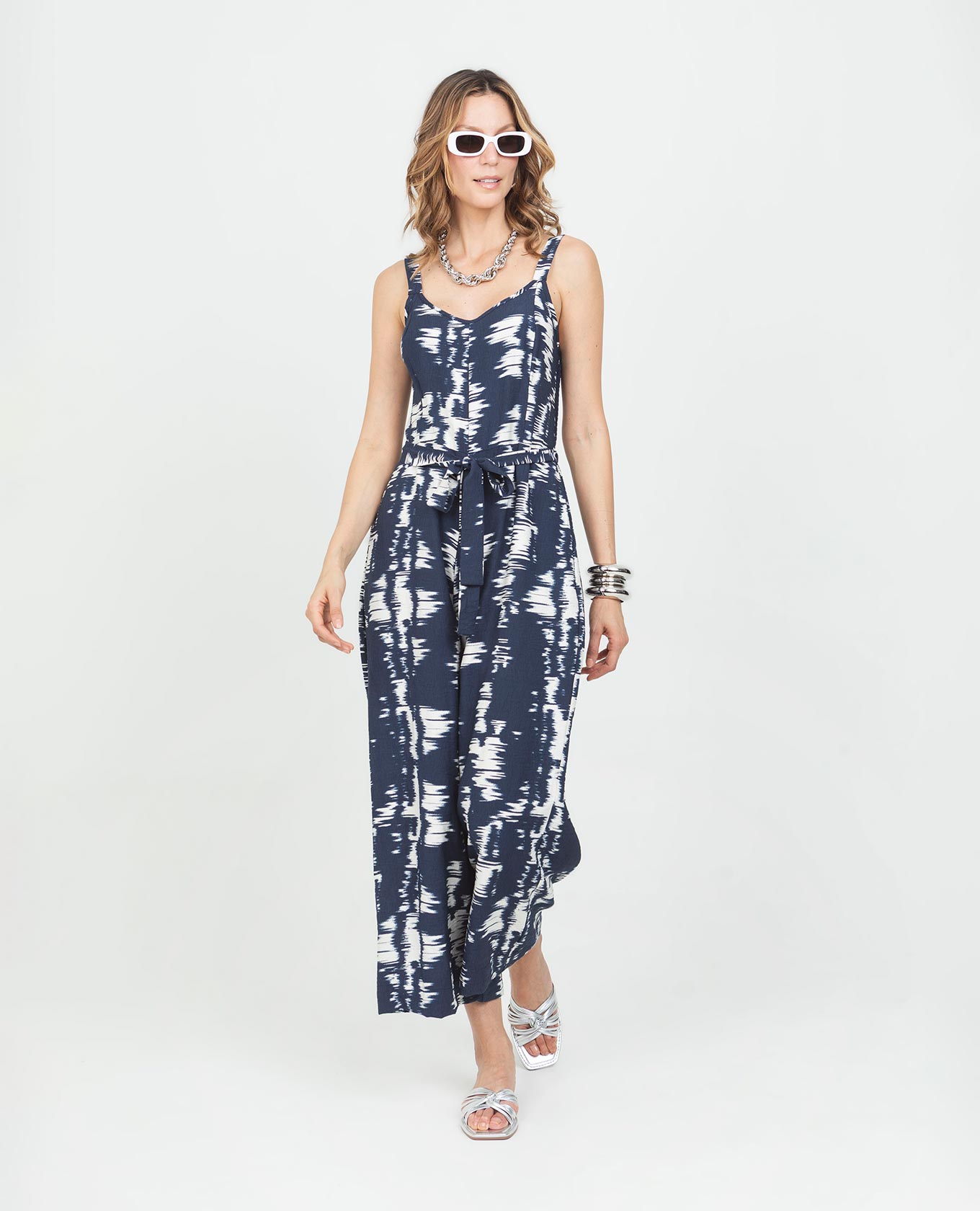Women's Printed Jumpsuit with Wide Adjustable Straps and Honeycomb Pattern