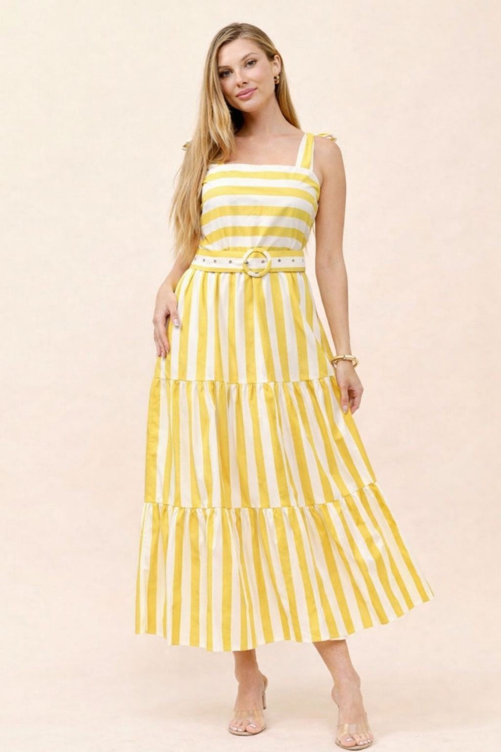 Striped tiered maxi dress with belt