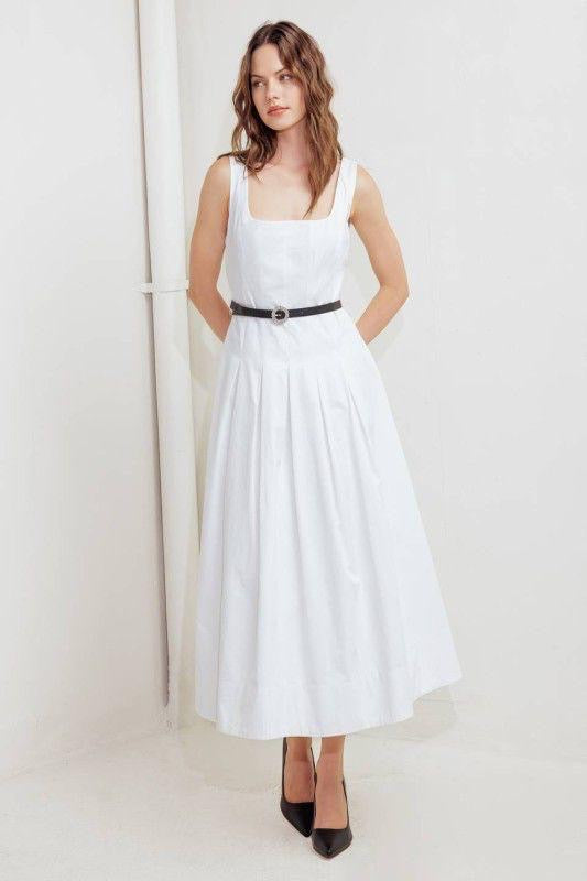 Vestido Midi Blanco | Tirantes Anchos y Falda Amplia con Cinturón