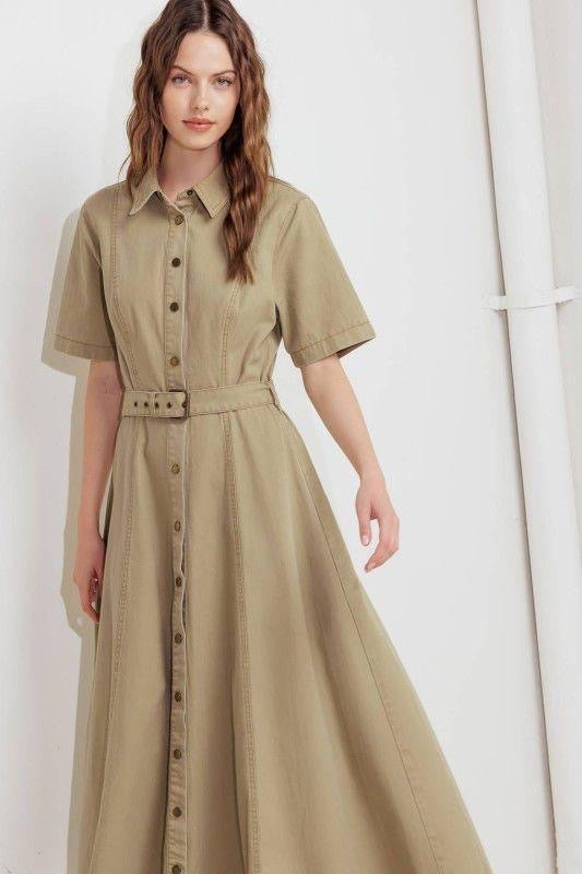 Vestido Camisero Midi | Corte Princesa en Denim Nude