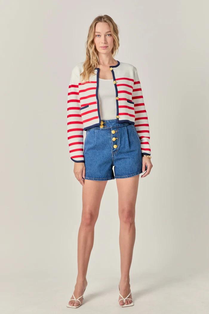Cardigan Navy a rayas rojas y blancas con ribetes azul marino