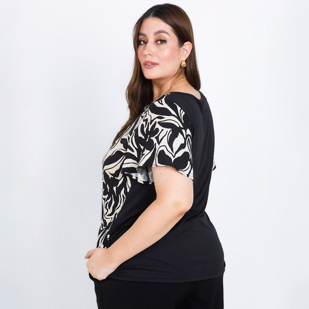 BLACK PRINTED SHORT SLEEVE BLOUSE 