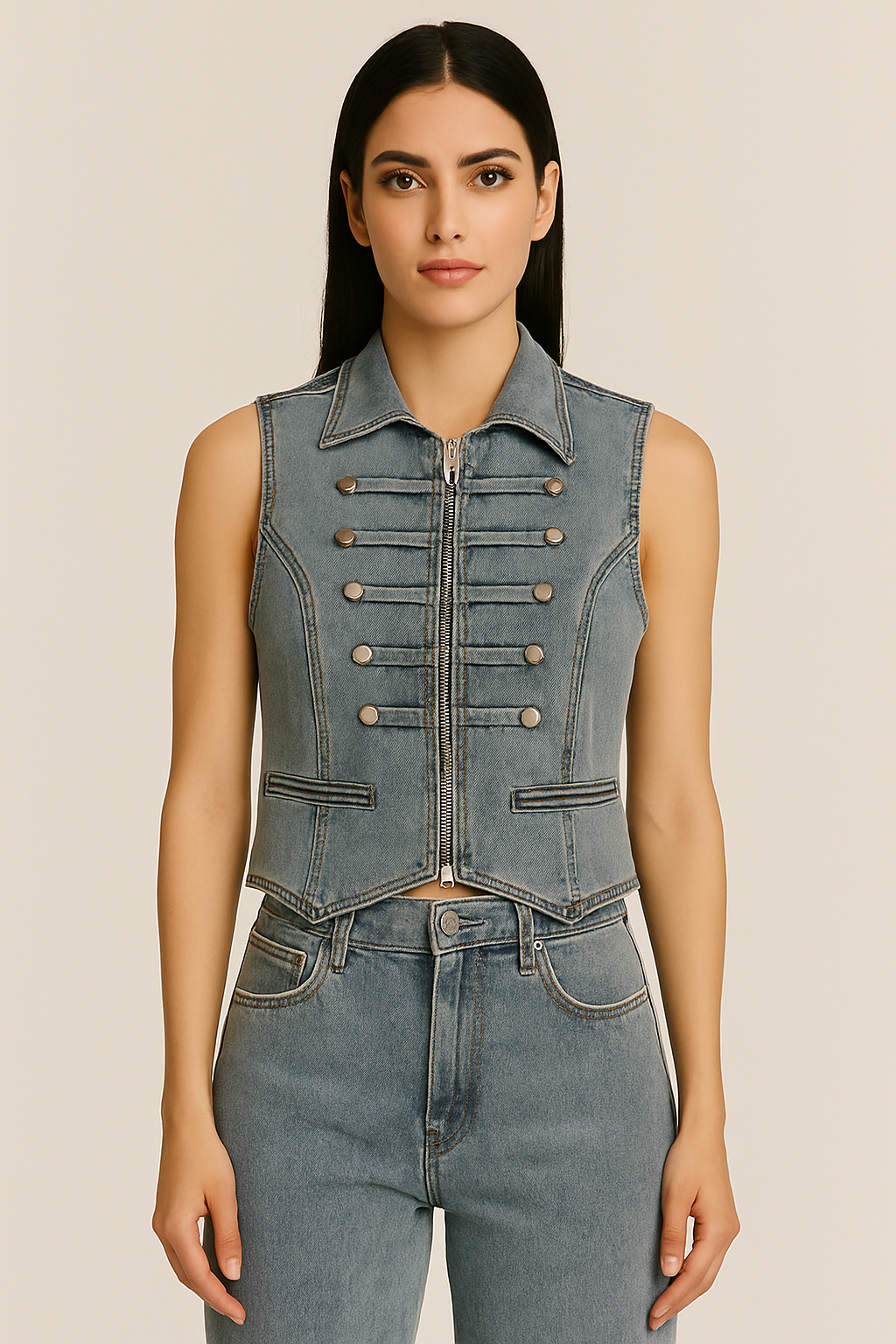 conjunto de la imagen está compuesto por dos piezas de mezclilla (denim):

Chaleco corto: sin mangas, color azul mezclil