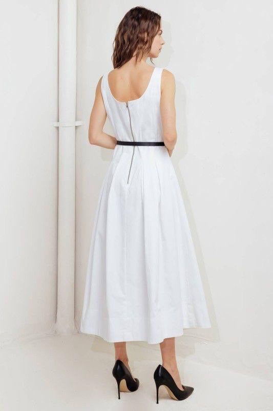 Vestido Midi Blanco | Tirantes Anchos y Falda Amplia con Cinturón