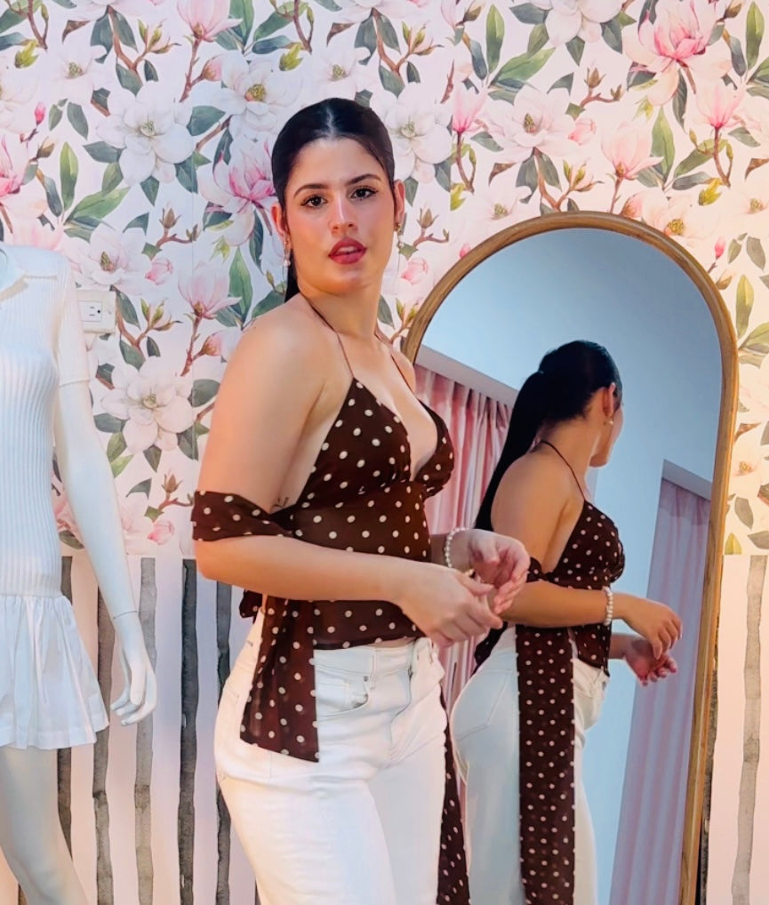 Brown polka dot halter top and thin scarf – modern and feminine elegance