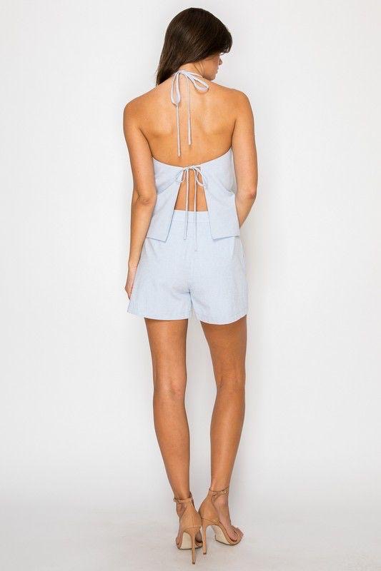 Set Short y Blusa | Escote V y Espalda Descubierta Azul Claro