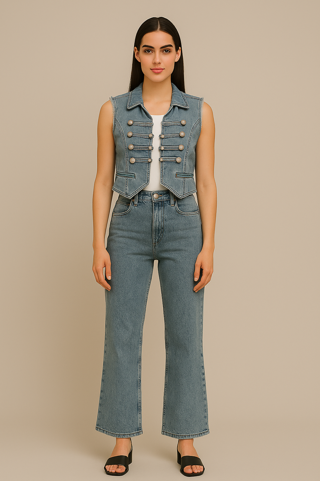 conjunto de la imagen está compuesto por dos piezas de mezclilla (denim):

Chaleco corto: sin mangas, color azul mezclil
