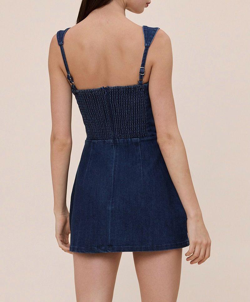 Vestido corto de mezclilla con tirantes y bolsillos frontales (denim)