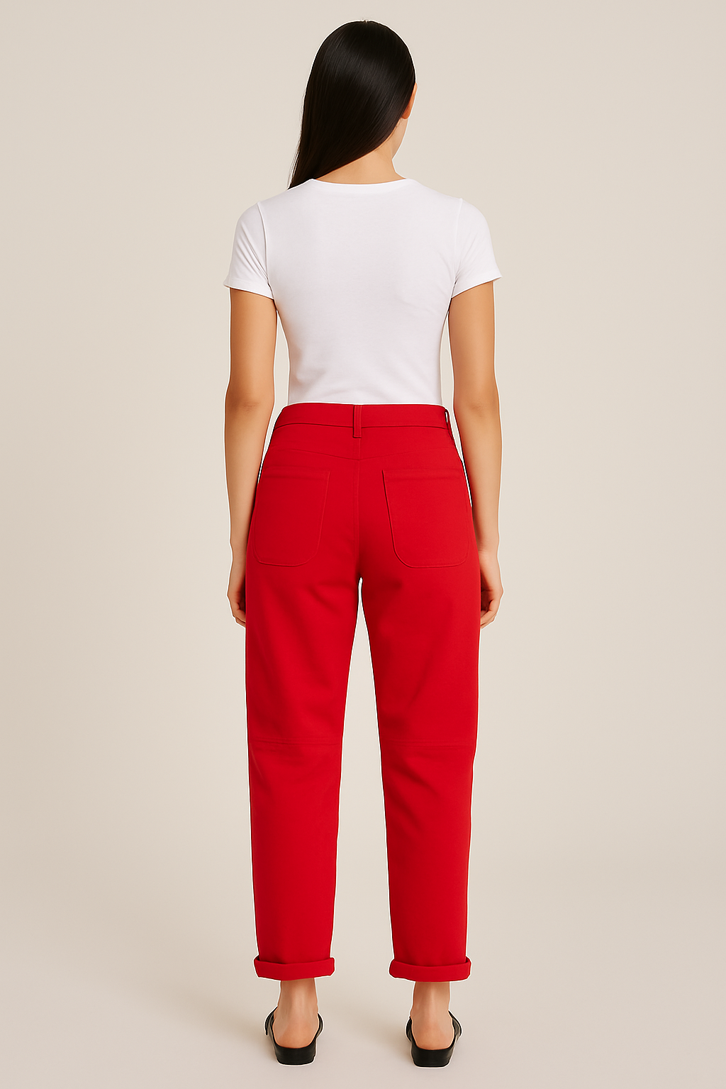 Pantalón tela tipo mezclilla o algodón grueso, de corte recto.