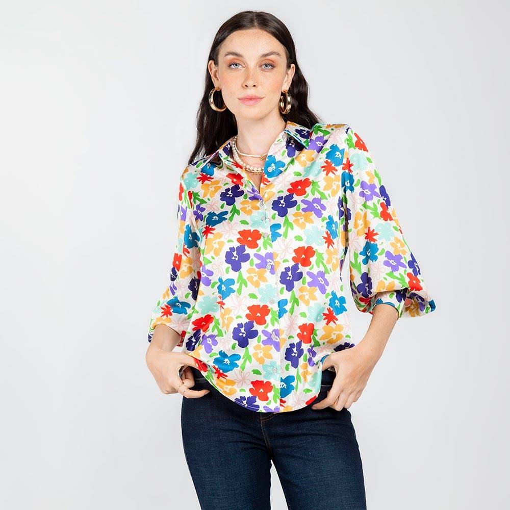 CAMISA FLORES SATIN- IVORY