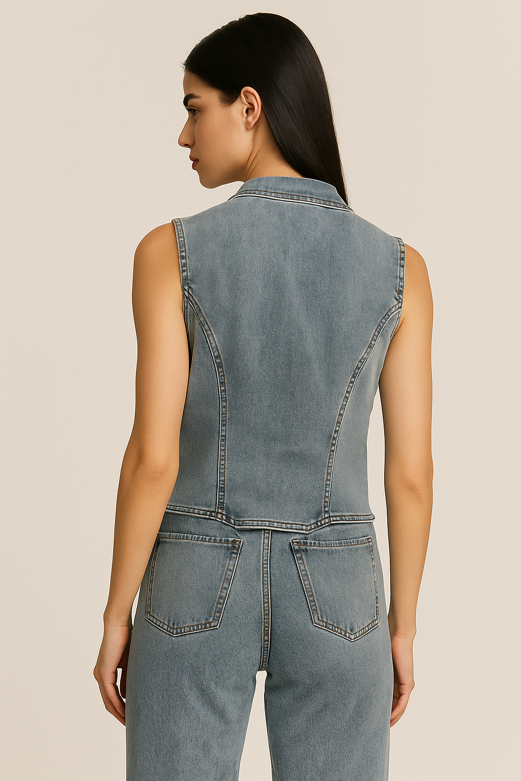 conjunto de la imagen está compuesto por dos piezas de mezclilla (denim):

Chaleco corto: sin mangas, color azul mezclil