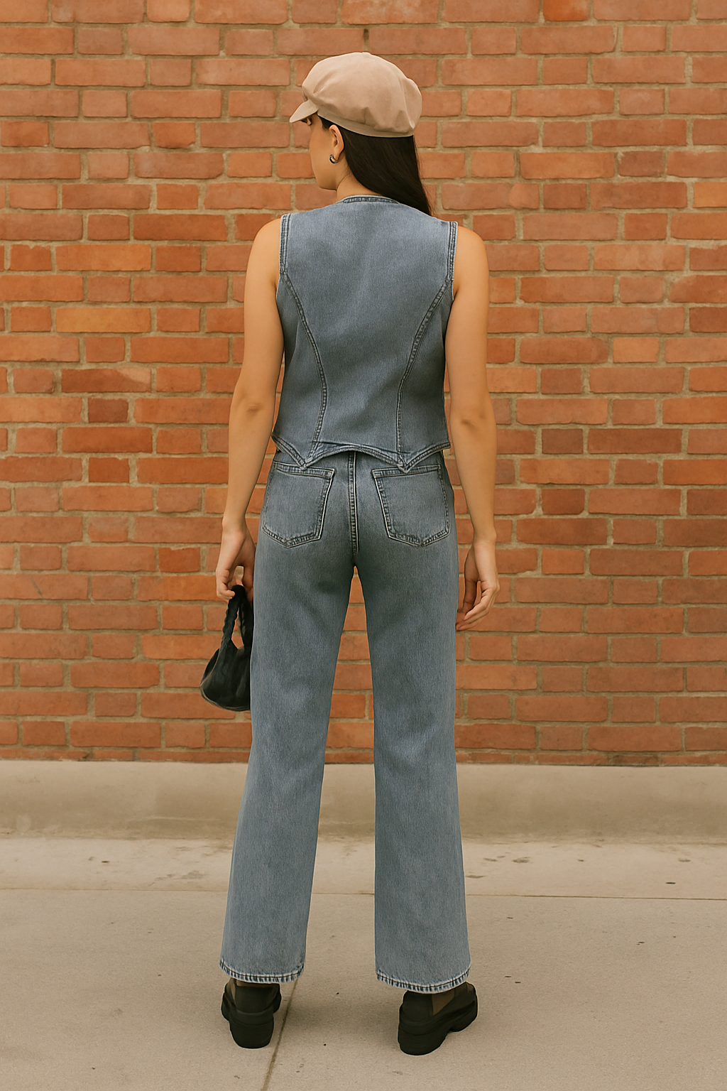 conjunto de la imagen está compuesto por dos piezas de mezclilla (denim):

Chaleco corto: sin mangas, color azul mezclil