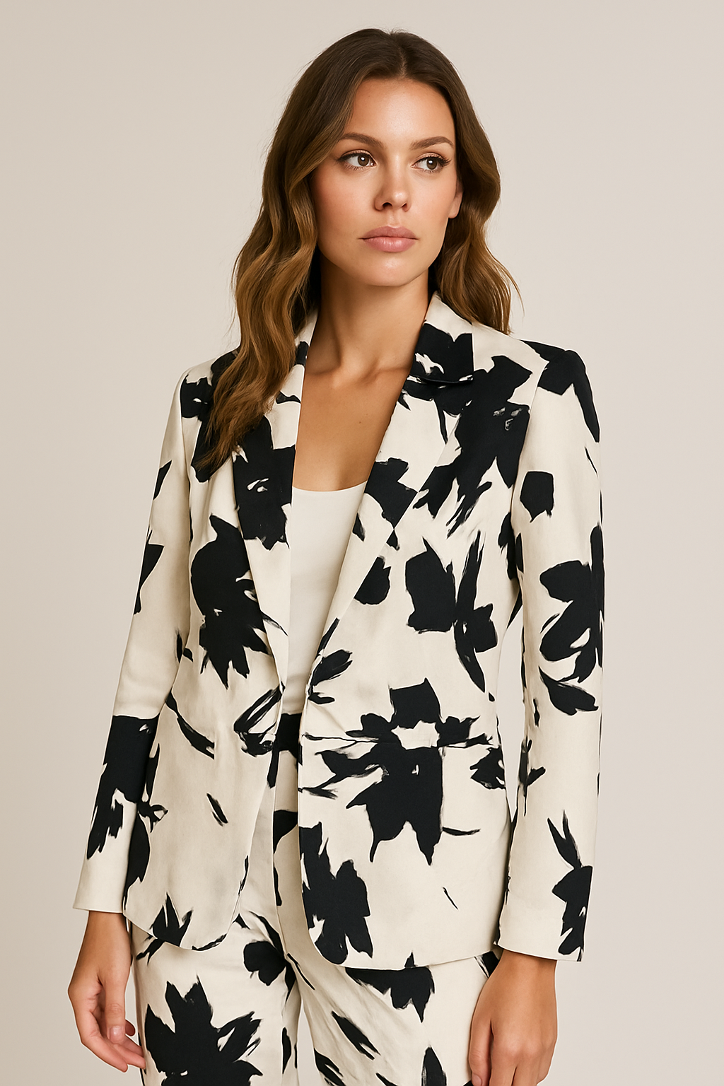 Chaqueta blanca con estampado floral negro de manga larga