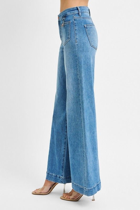 Jean wide leg tiro alto con bolsillos frontales y dobladillo ancho | Denim licrado para mujer