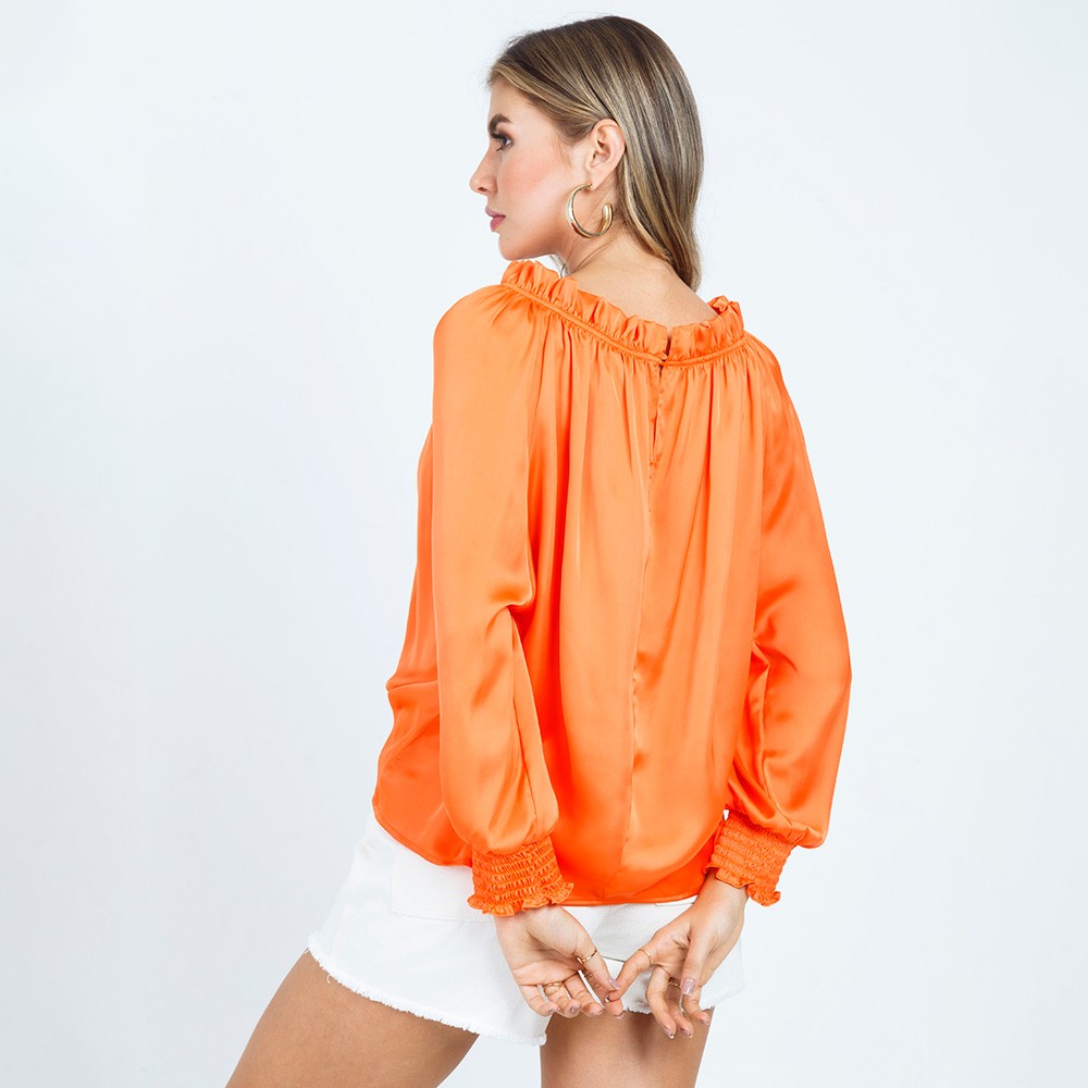 BLUSA MANGA LARGA NARANJA EN TELA SATINADA