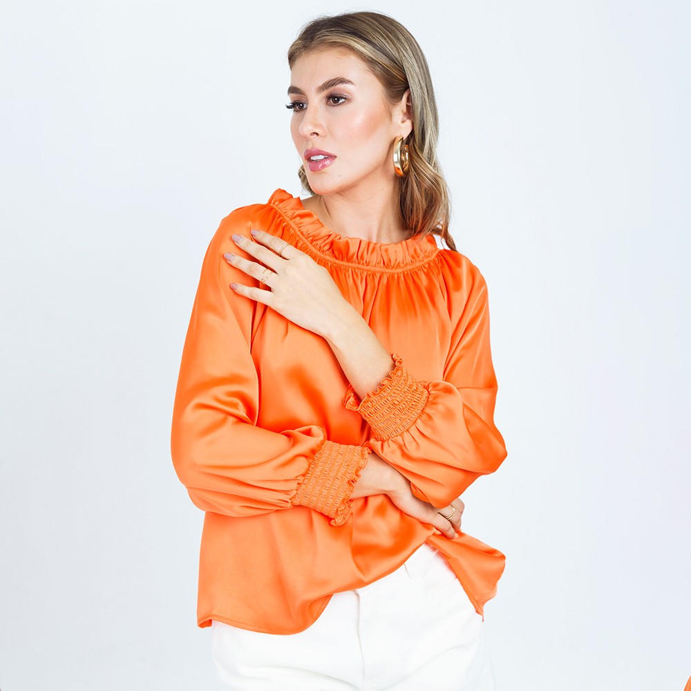 BLUSA MANGA LARGA NARANJA EN TELA SATINADA