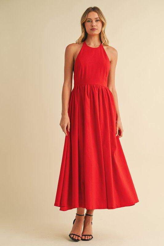 Vestido rojo midi halter elegante