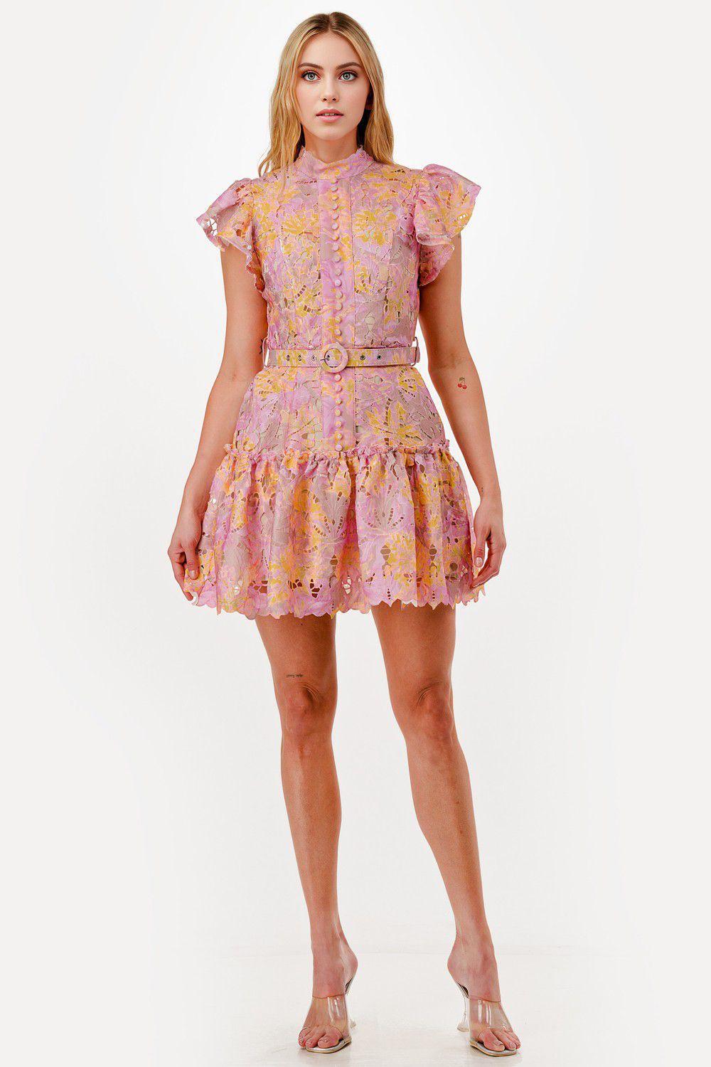 Vestido corto en encaje floral multicolor