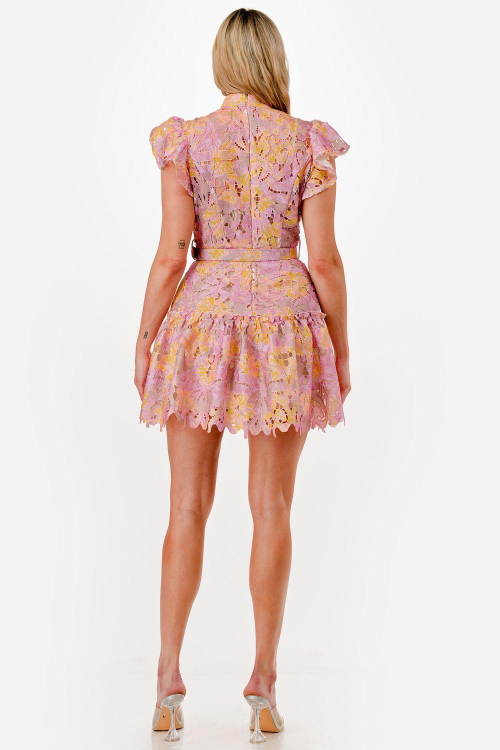 Vestido corto en encaje floral multicolor