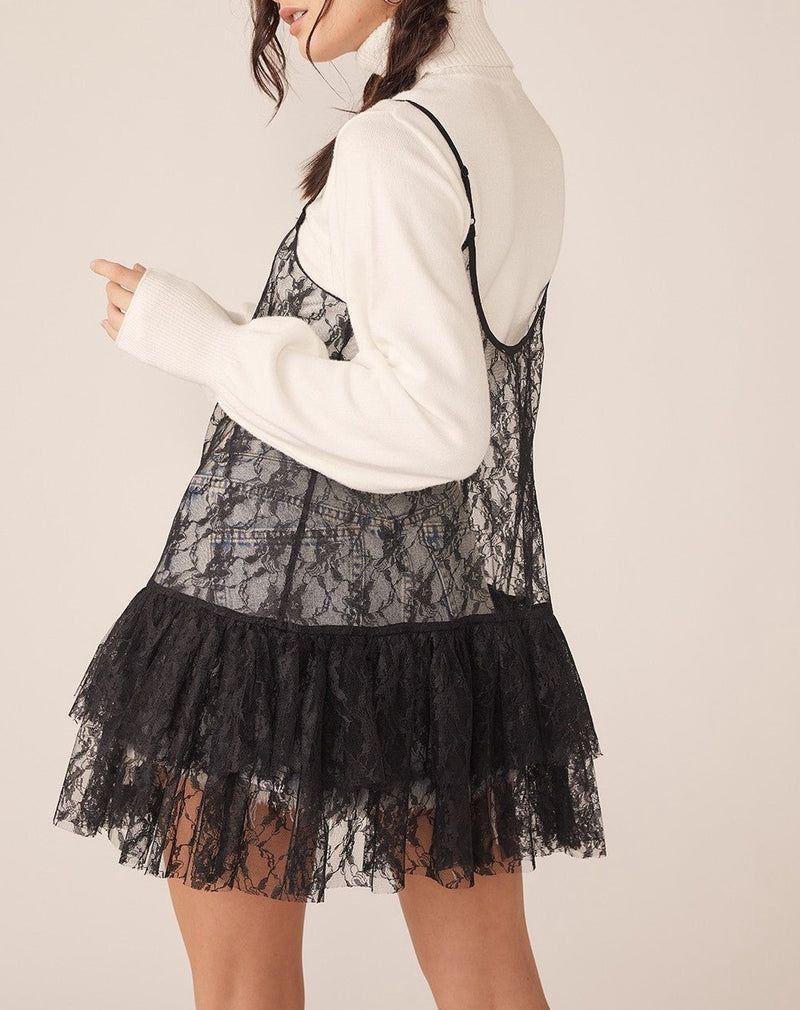 Vestido corto en encaje negro transparente